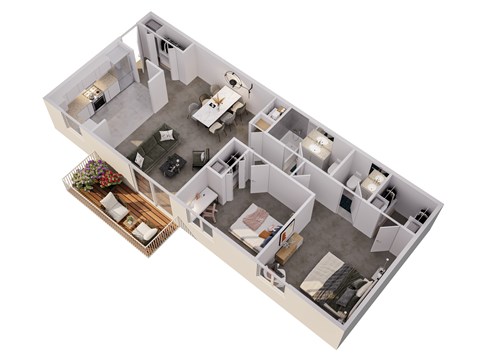 A 3D floor plan of a house with a kitchen, living room, and dining area.